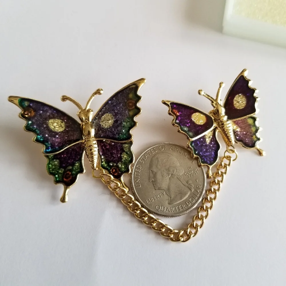 Vintage glitter butterfly brooch set New old stock Gold tone insect bug …